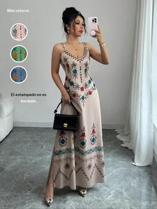 Vestido largo sin mangas con cuello en V para mujer, estilo étnico casual, tejido ligero y holgado, perfecto para todas las estaciones