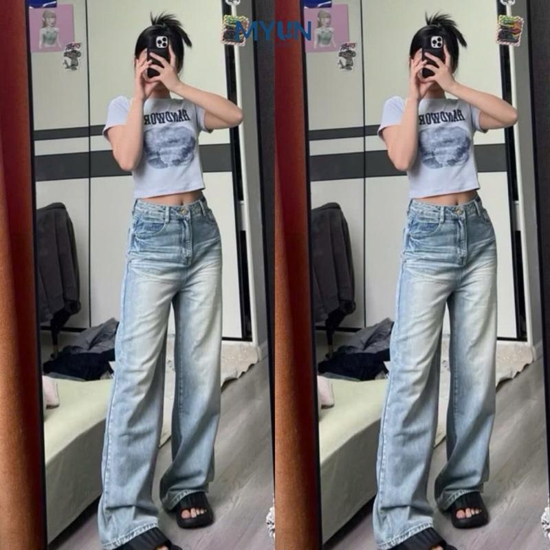 MYUN - Quần Jeans nữ suông wash màu xanh bạc thời trang, ống rộng lưng cao hack dáng Pants, Ong JR0005