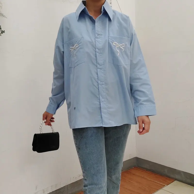Elena Closet Pocket Pita Shirt Kemeja Atasan Katun Bordir Kerja Panjang Oversize Basic Baju Mutiara 3