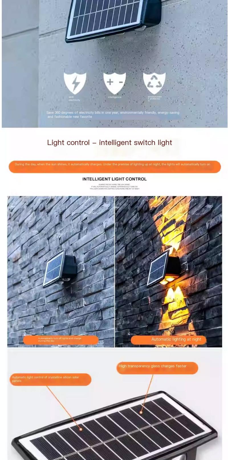 Product Introduction of Solar outdoor lights, household courtyard wall lights, waterproof wall washing lights, villa spotlights, double headed high brightness wall lights, up and down 2