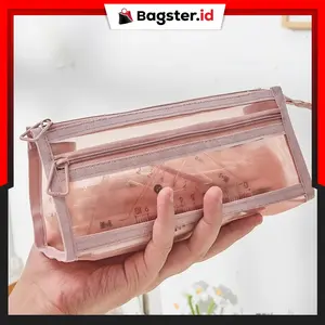 Korean Pensil Case Model Jaring Mesh Transparan Simple Dengan Dual Zipper Anti Air Portable