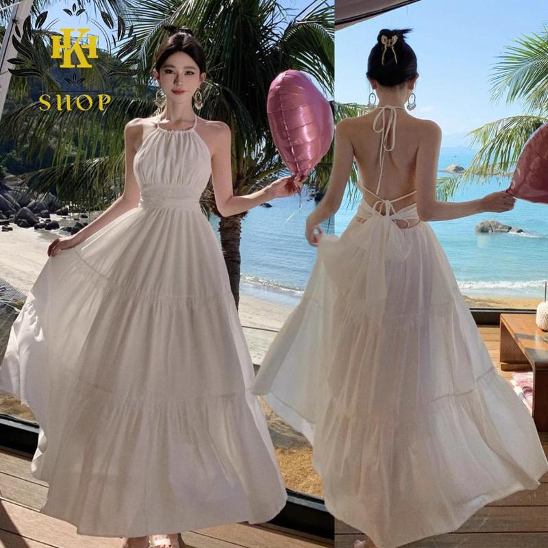 Đầm đi biển - Váy cổ yếm dáng dài 2 Lớp, Có Sẵn Mút , Chất đũi lụa thoáng mát,…