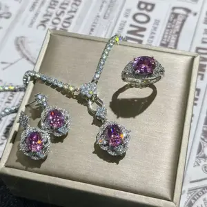 IS52P Cincin Terbuka Berlian Penuh Air Mata Versailles Mawar Kering Code Frenzy Wanita Anting Liontin Temperamen Set Tiga Potong