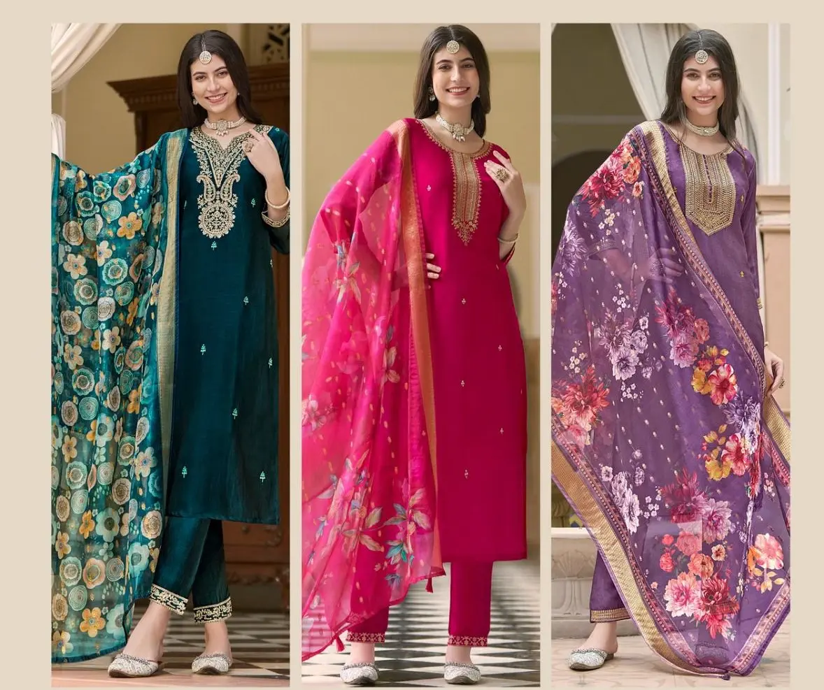 [Ready SG Stock Size S To 5XL] Deepavali & Wedding-Wear Chinon Silk 3 Pcs Punjabi Suit + Inner & Floral Dupatta