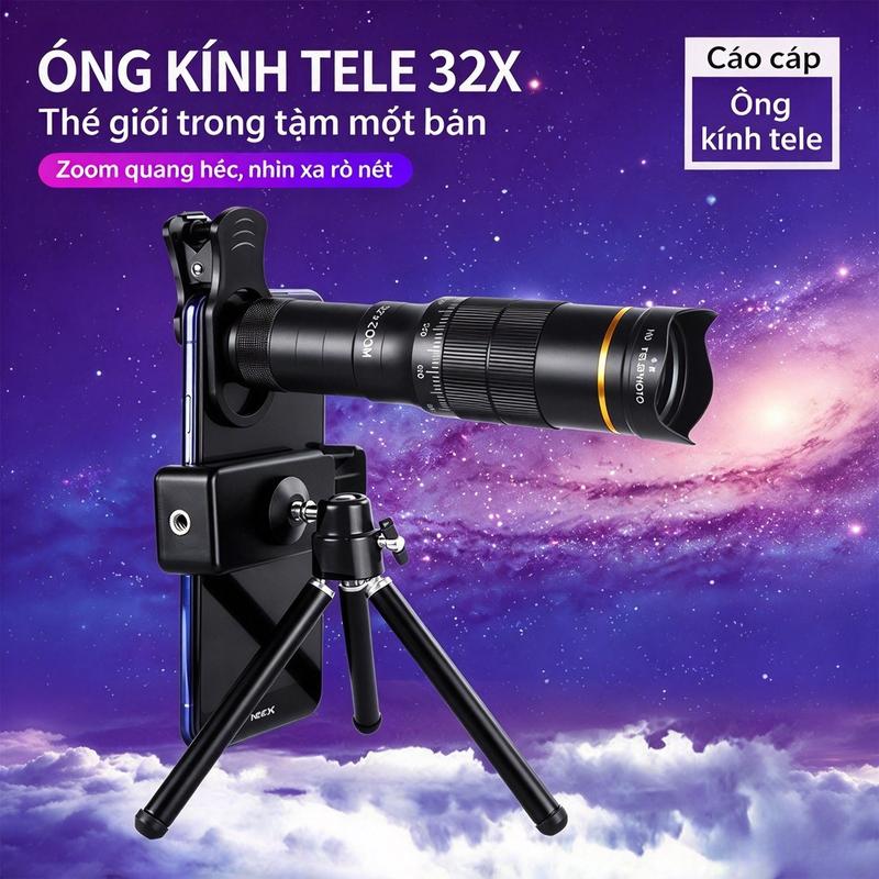 32x telephoto lens kit for smartphones, offering high definition and significant magnification, ideal for concerts, and a versatile phone telescope.