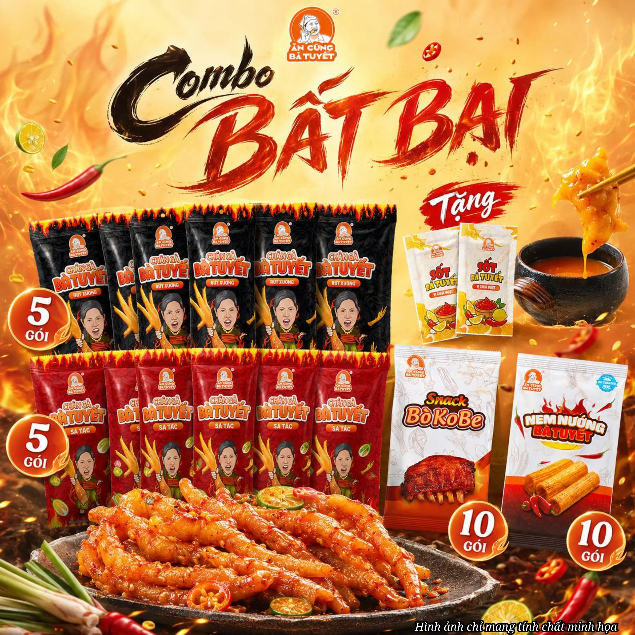 (Tặng 2 gói bim bim)(Tặng 2 goi sốt) COMBO BẤT BẠI - ĐA DẠNG ĂN CÙNG BÀ TUYẾT: 5 chân gà rút xương + 5 chân gà sả tắc + 10 bò kobe + 10 nem nướng