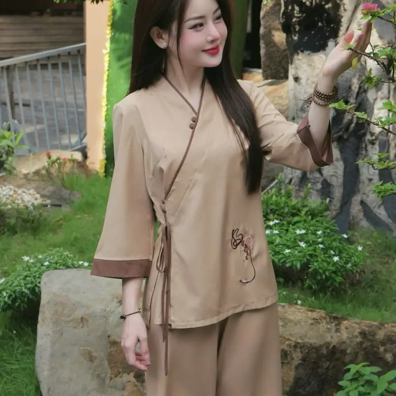Linh Đan Bộ quần áo đi chùa bộ pháp phục dành cho nữ truyền thống chất liệu lụa nhuyễn thêu cao cấp 5