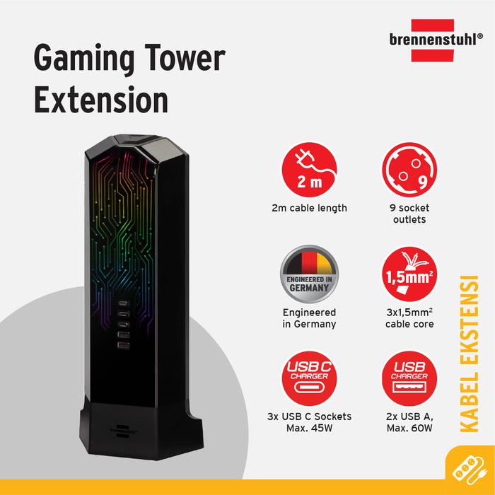 Gambar Brennenstuhl Connect WiFi Gaming Tower RGB Light Surge Protection 19.500 A Stop Kontak Kabel Ekstensi 9 Lubang Soket dengan 3 Port USB Tipe C dan 2 Port USB Tipe A 2 meter dari Brennenstuhl Indonesia Kota Administrasi Jakarta Utara Tokopedia