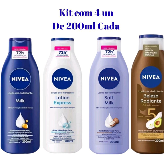Kit 04 Hidratantes NÍVEA Milk + Lotion + Soft + Beleza Radiante com 200ml cada Para Cuidado Intenso