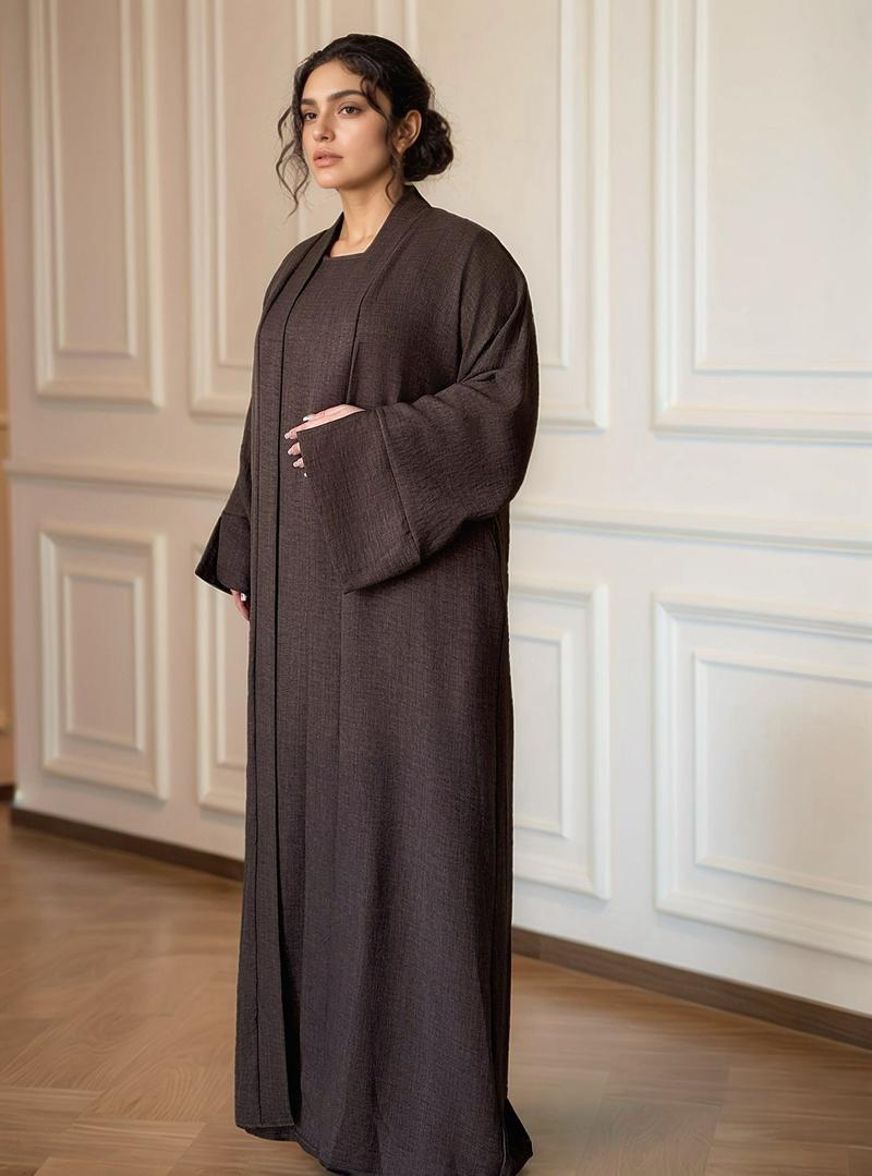 Product Introduction of LM038 Belted Three Pieces Abaya Set Crepe Crinkle Linen Textured Open Cardigan Sleeveless Inner Belt Pocket Dress Islamic Women Clothing All Seasons 2