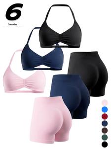 Conjunto deportivo para mujer de 6 piezas: sujetador deportivo sin costuras y cómodo con espalda descubierta y copas, shorts de yoga de alta elasticidad, ropa deportiva para todas las estaciones