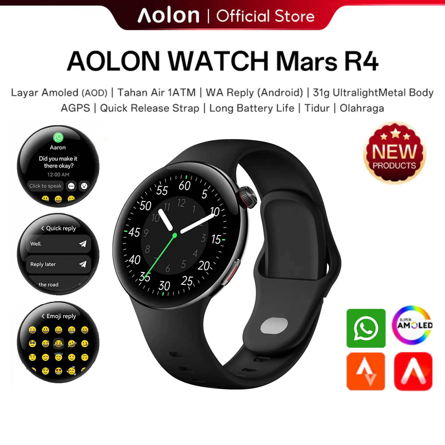 Aolon Mars R4 2026 Baru AMOLED Smart Watch Balas WhatsApp Voice-to 