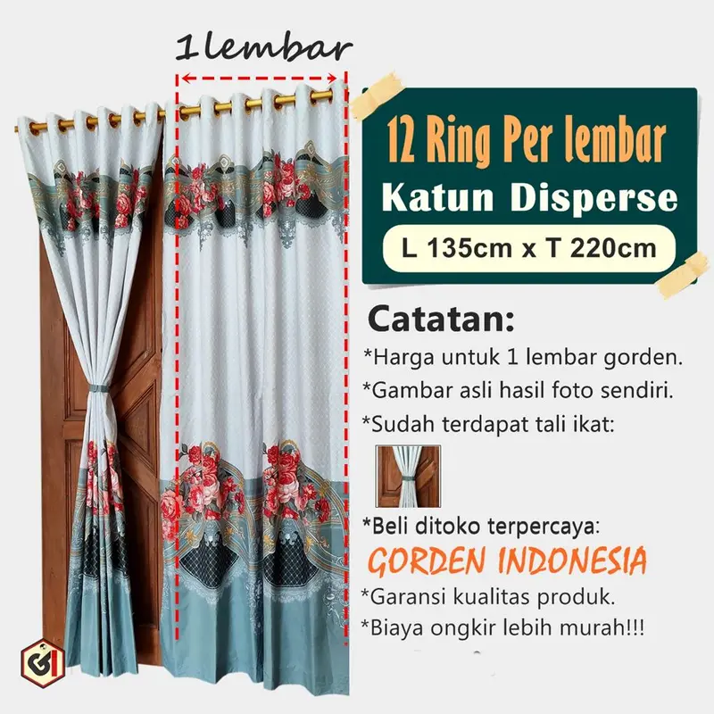 Gorden Pintu Jendela Smokring 12 Ring Ukuran 135x220cm Bahan Katun Disperse Warna Motif Dominan Putih Cerah Tali Korden 1