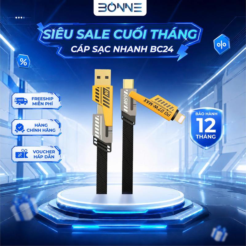 Cáp sạc nhanh Bonne TECHNOLOGIQUE BC24, cáp sạc nhanh điện thoại 4 in 1 by Bonne Technologique, sạc chống gẫy chính hãng bảo hành 12 tháng[p