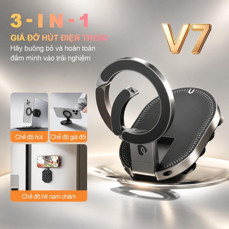 KY V7 Giá đỡ điện thoại gập gọn 3 trong 1, Chế độ giác hút / Chế độ từ tính / Chế độ giá đỡ, Xoay 360° tuỳ ý, Nhỏ gọn tiện lợi, Phù hợp cho iPhone và Android