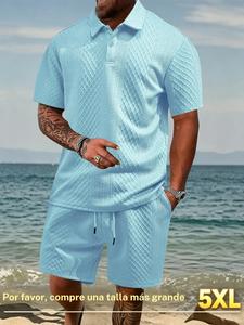 Conjunto de camisa tipo polo de manga corta y textura sólida para hombre & shorts con cintura con cordón, corte regular, moda casual, cómodo y transpirable, conjunto de dos piezas para uso diario y al aire libre, ropa de hombre para el verano