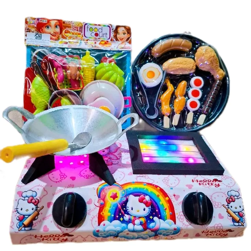 Mainan Masak Masakan Mini 1 Set Anak Hello Kitty dengan Kitchen Set Kompor Mini 2 Tungku dan Lampu LED - Toys dapur  miniatur mainan jualan Hadiah 0