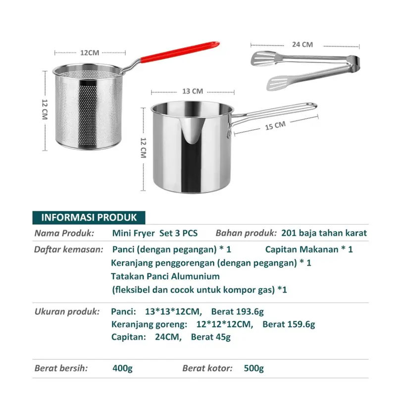 [LXS] Panci Multifungsi 3 in 1 Multi Deep Fryer Set Panci Penggorengan Rebus Stainless Steel Saringan Capitan Klip Makanan 8