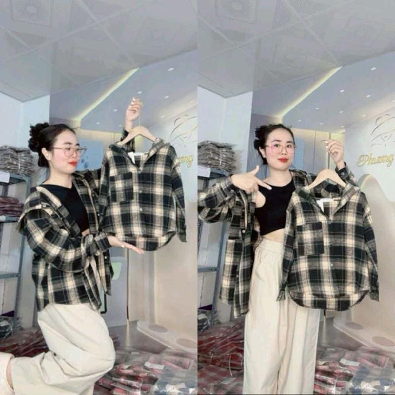 ( Áo Có Túi Trong ) Áo Sơ Mi Áo Khoác Chống Nắng Nam Nữ Dành Cho Mẹ và Bé Chất Nỉ Dạ Flannel Dày Dặn Dài Tay Form Rộng Kẻ Caro Có Mũ Menswear Jacket Có Cổ