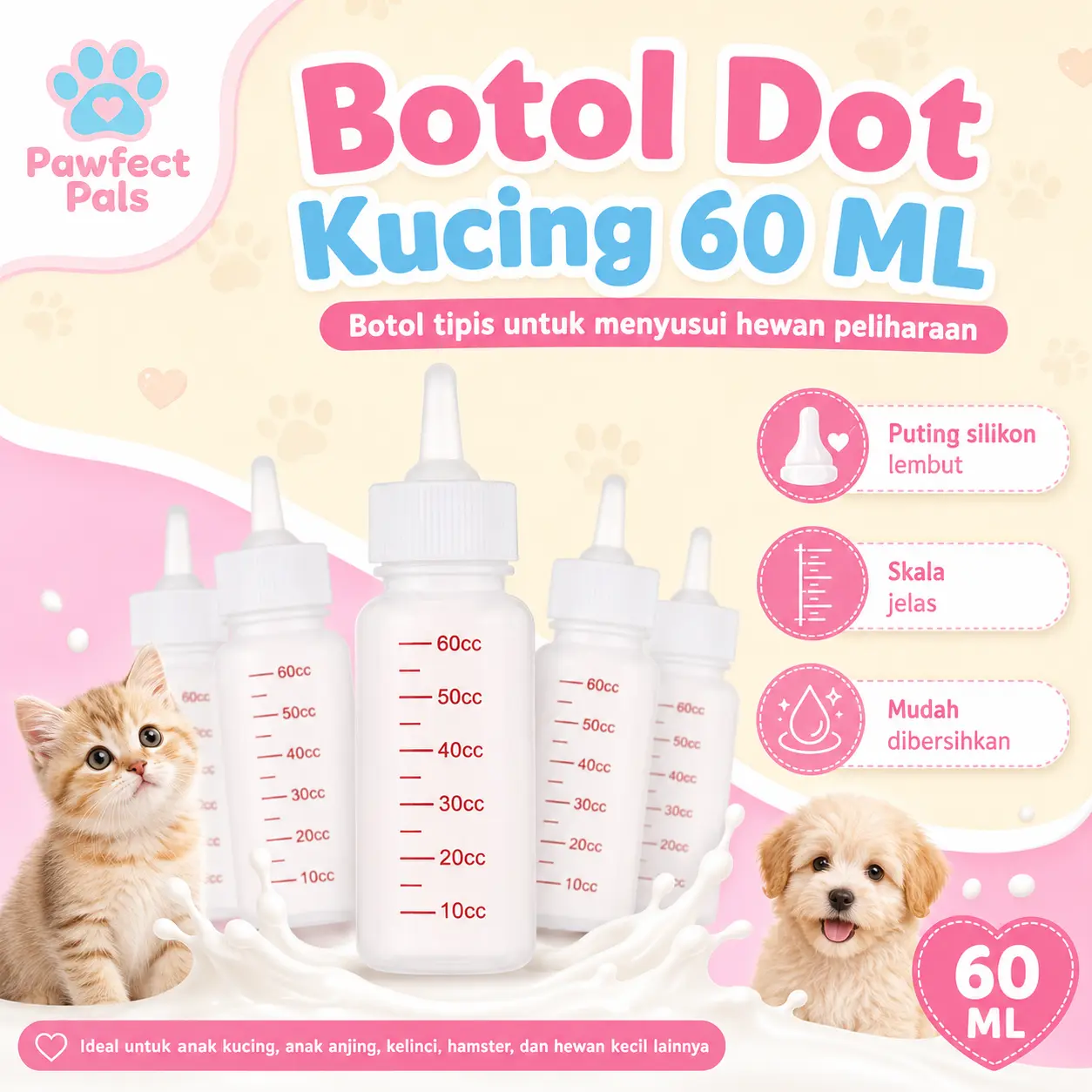 Pawfect Pals - Botol Susu Kucing 60ml dengan Dot Silikon Lembut untuk Anak Kucing Baru Lahir dan Anak Anjing