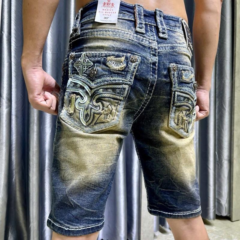  Quần short Jean nam cao cấp màu xanh jean đậm phủ rêu wash loang độc đáo túi đắp da thêu 