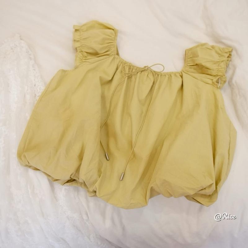 Áo trễ vai thô mềm dáng bí phối dây buộc Nơ dongshengjia (Y1) @Rice