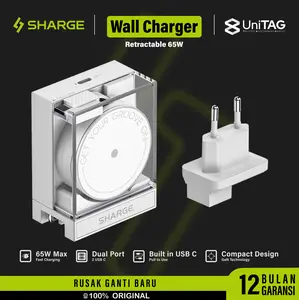 SHARGE Wall Charger Adaptor Retractable 65W Dual Port USB Type C GaN PD 2.0 Fast Charging for iPhone Samsung Android