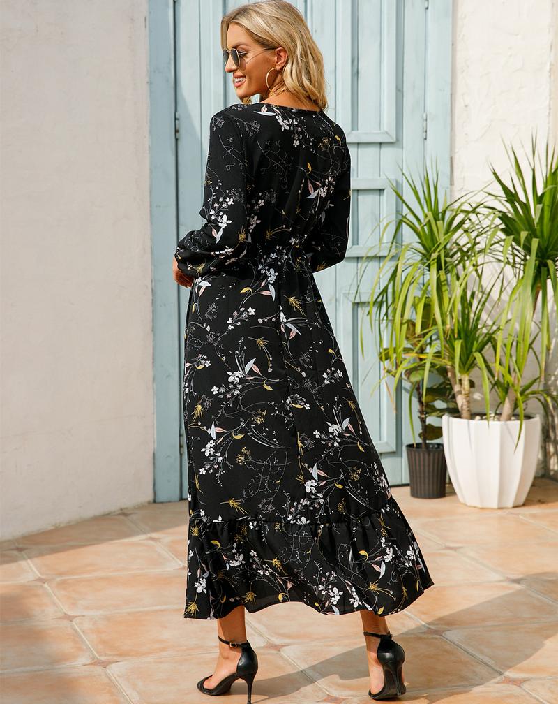 Product Introduction of Cross-Border Foreign Trade Spring and Autumn Floral Chiffon Dress Waist-Controlled Slimming Long Sleeve round-Neck Long Printed Dress Women's 20