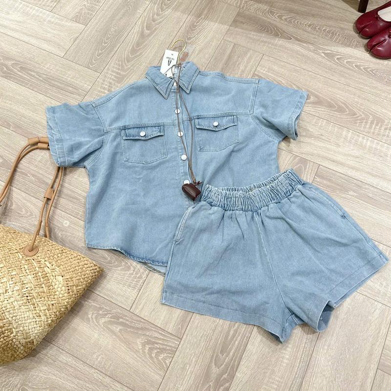 THE QUẠO - Set Đồ Bộ Jeans Nữ Áo Cộc Tay Ngắn Đùi Lưng Chun S1705_657