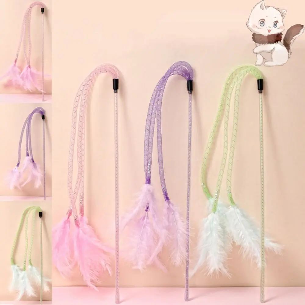 Cat Stick Toy Bite Resistant Cat Teaser Stick Plastic Feather Cat Feather Toys Interactive with Bell Cats Playing Stick Self Hi