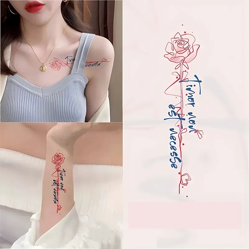 Set of 3 Romantic Latin Quote Tattoo Stickers ,Unique and Aesthetic Wrist & Ankle Tattoos with Rose, Butterfly, and Heart Designs