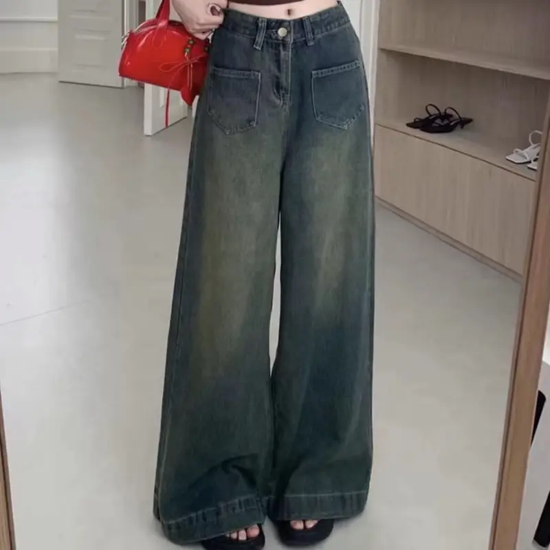 JEANSHIGHWAIST- Celana kulot jeans highwaist retro wanita dua waist kantong depan jins Panjang Cewek dua Denim A-line pants skena premium import baggy outfits fading gombrong straight remaja xl biru vintage lulu chic wide leg ootd cute Casual yoyo Loose 1
