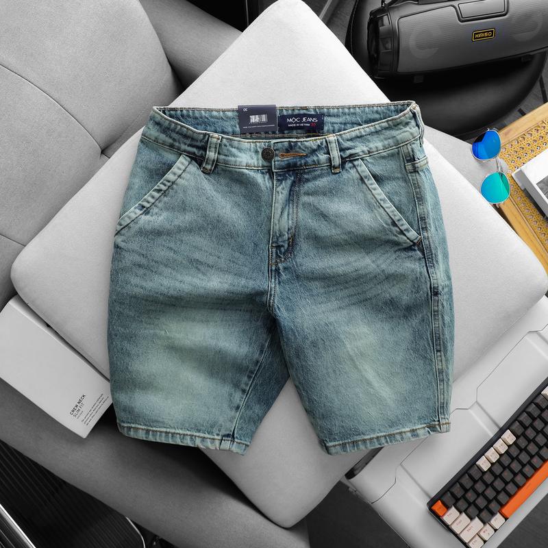 Quần short jean nam xanh đậm co giãn ống suông túi chéo 55-130kg vừa Menswear Pants
