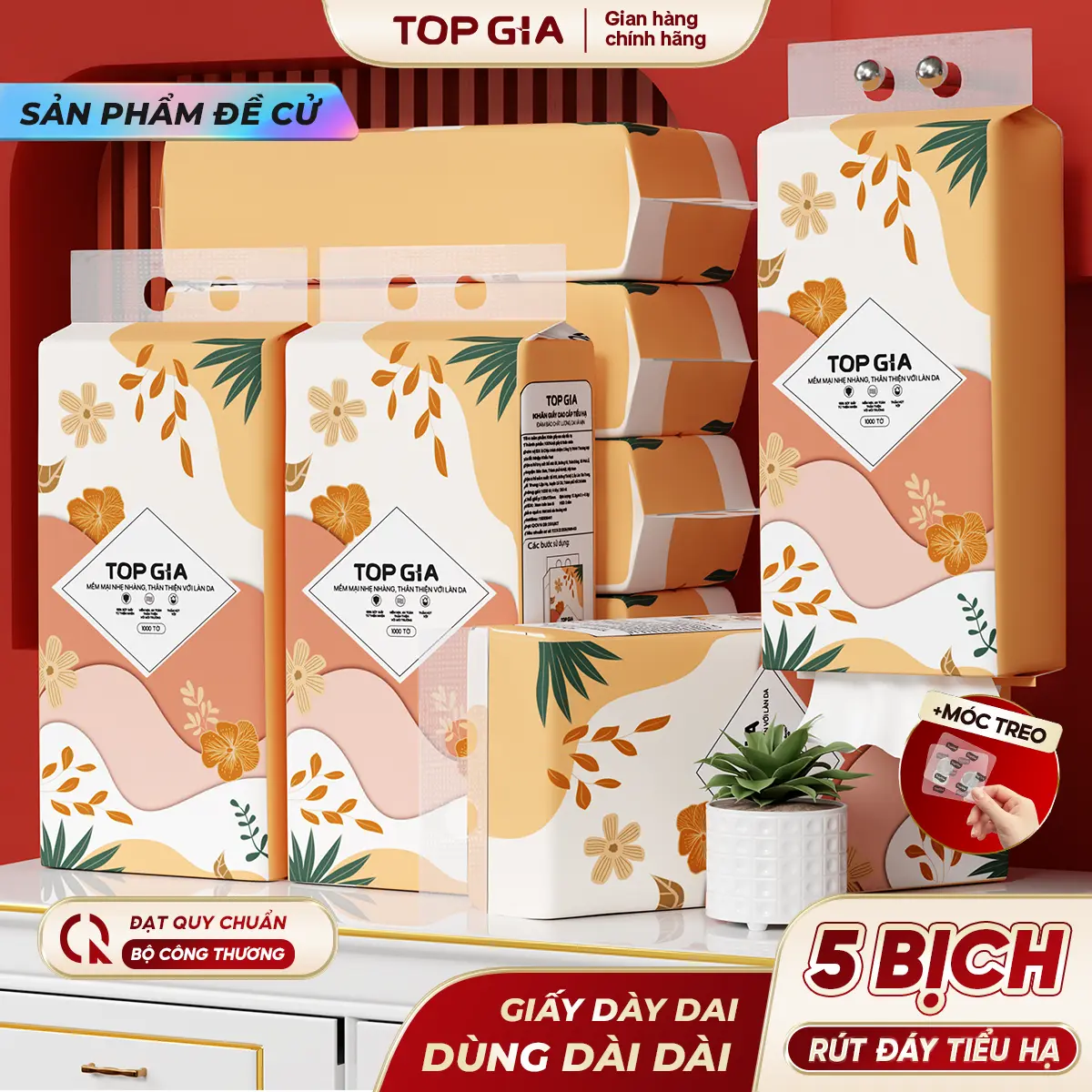 [XẢ KHO - SIÊU GIẢM GIÁ] Thùng Khăn Giấy Rút Đáy Tiểu Hạ TOP GIA 4 Lớp Mềm Mịn, Thành Phần Bột Gỗ Tự Nhiên Thân Thiện,THÙNG 5 BỊCH Khăn Giấy Vệ Sinh 1000 tờ,4 lớp Tặng 2 móc treo tiện Giấy Vệ Sinh ĐẠT QUY CHUẨN CỦA BỘ CÔNG THƯƠNG VTG86