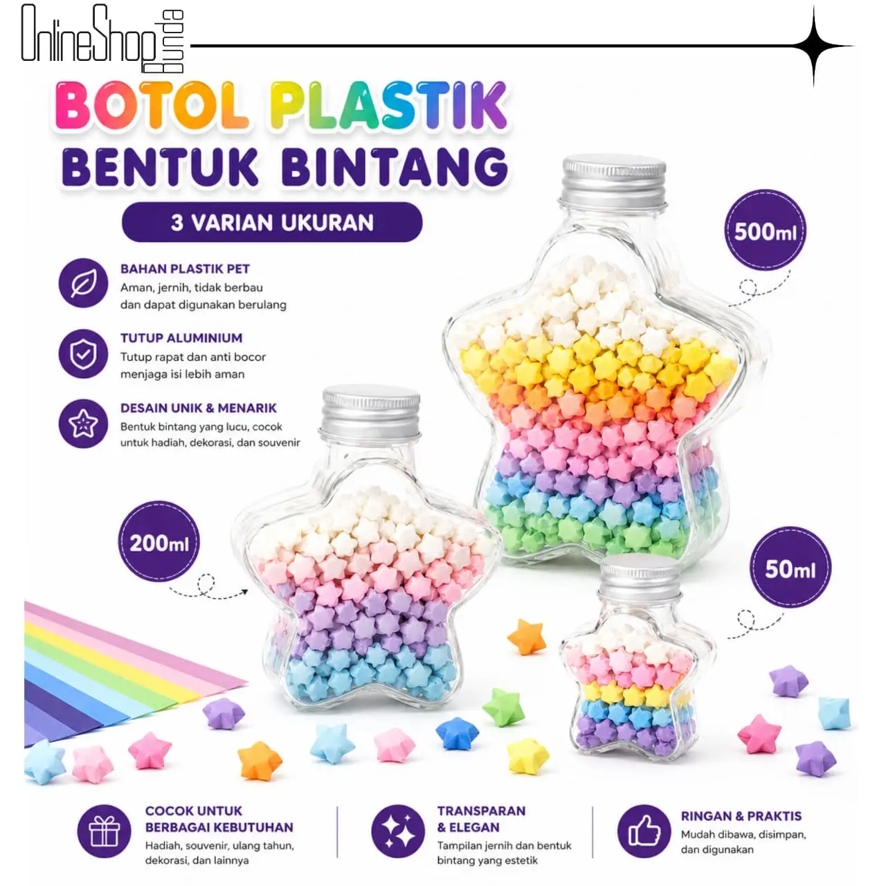 Botol Bintang Origami Cup DIY Hadiah Ulang Tahun Buatan Tangan 50ml 200ml 500ml Botol origami kreatif