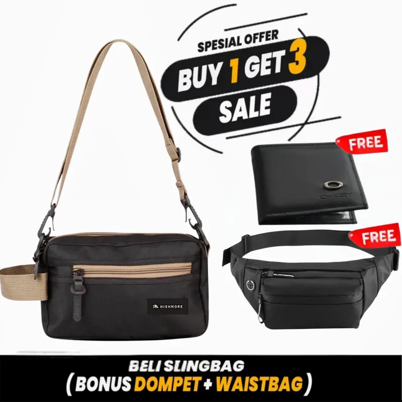 Paket Super Hemat Selempang HIGHMORE Slingbag BUY 1 GET 3 Selempang Waistbag Dompet - Bundling HM Pria Cowok 2