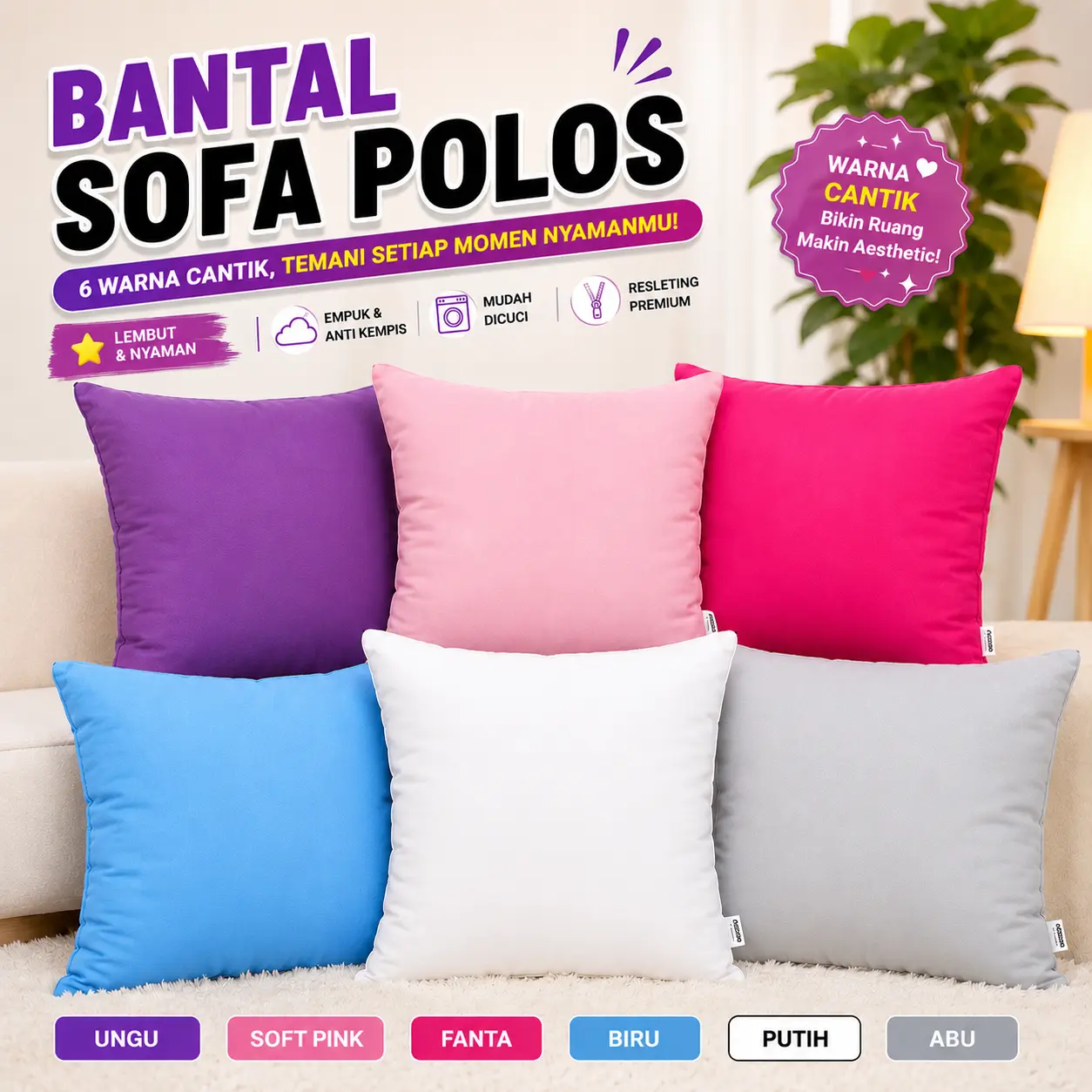Bantal Sofa / Kursi / Cushion Colour Solid Dengan Isian Dacron Extra Plush Ukuran 40x40cm & 45x45cm Sarung Beserta Isian Dengan Resleting Sarung Bantal Alas Duduk Dekorasi