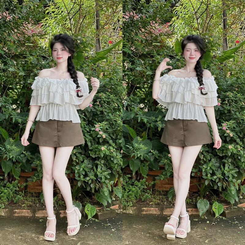  Set đồ nữ áo xô thêu thiết kế trễ vai xếp tầng mix quần đũi ngắn xinh xắn dành cho các nàng diện đi chơi đi tiệc 