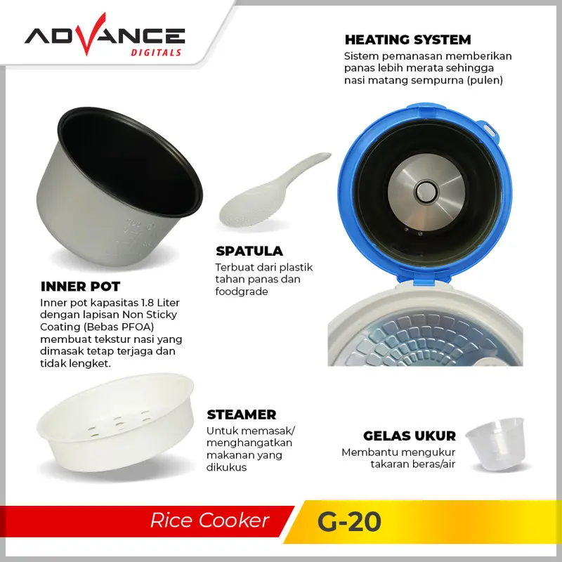 [COD] Advance Rice Cooker G20 / G-20 Kapasitas 1.8L 380W 3in1  Penanak Nasi magic Com Listrik magic  jar 5