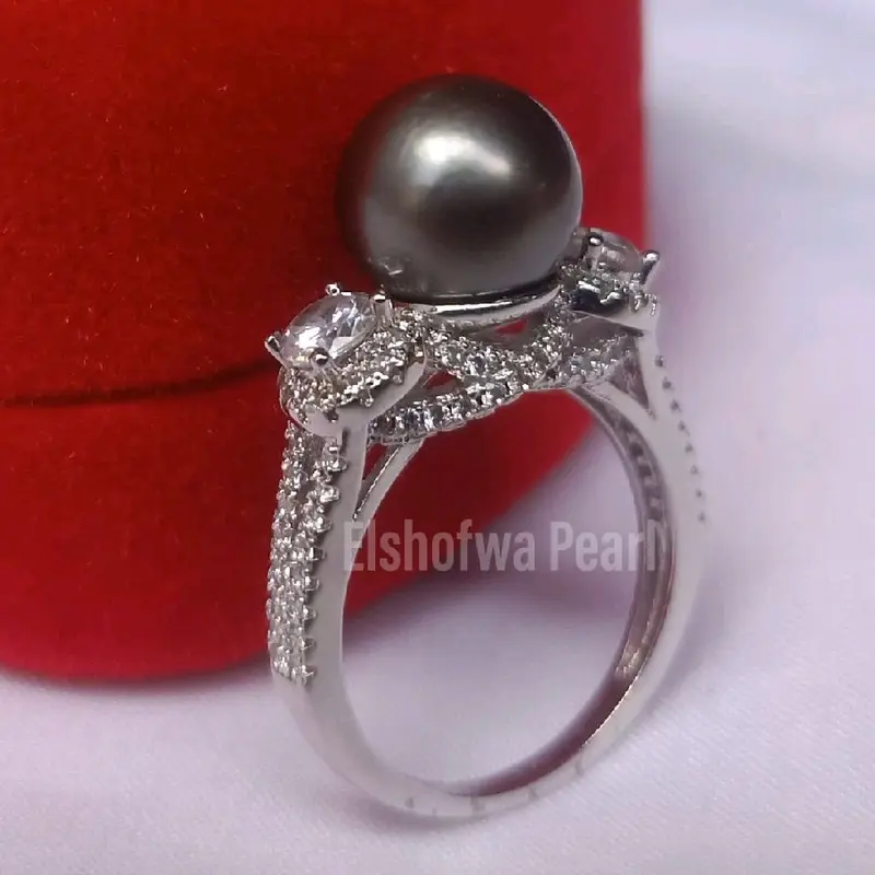 Cincin Mutiara Laut Hitam dengan Lingkar Jari 17 dan Bahan Rhodium 1