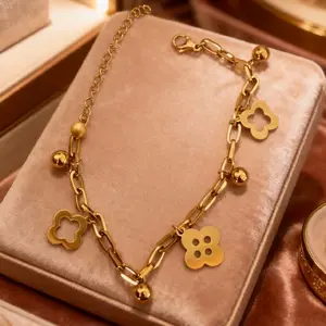 Gelang Rantai Titanium Motif Bunga Mix Boba Anti Karat dengan Desain Elegan dan Tahan Lama