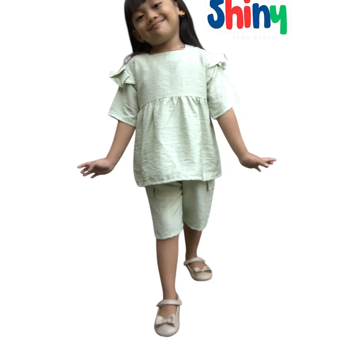 Set Anak Lengan Ruffle Polo Linen Shiny Kids - Fashion one set korean style