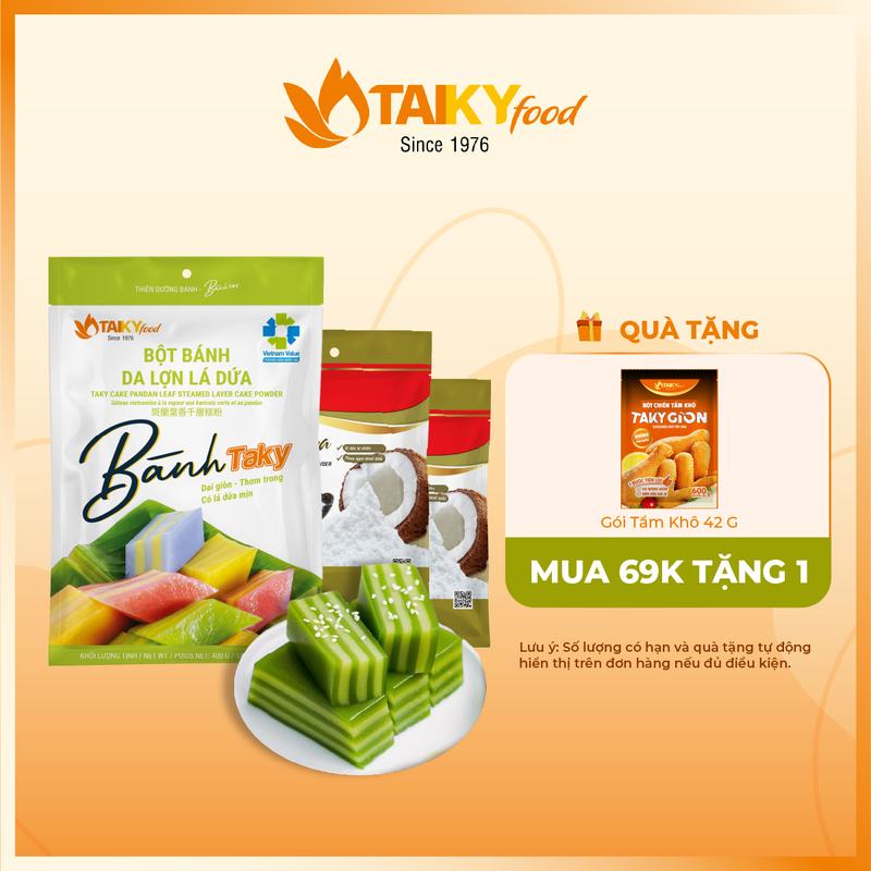 Combo bột bánh da lợn lá dứa và 3 gói bột cốt dừa Takoky 50g