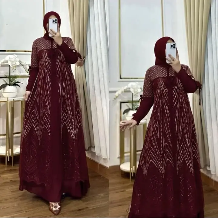 RAISA Gamis Muslim Lebaran Mewah Ellegant Bahan Ceruty Baby Doll Mix Brukat Dress Muslim Terbaru