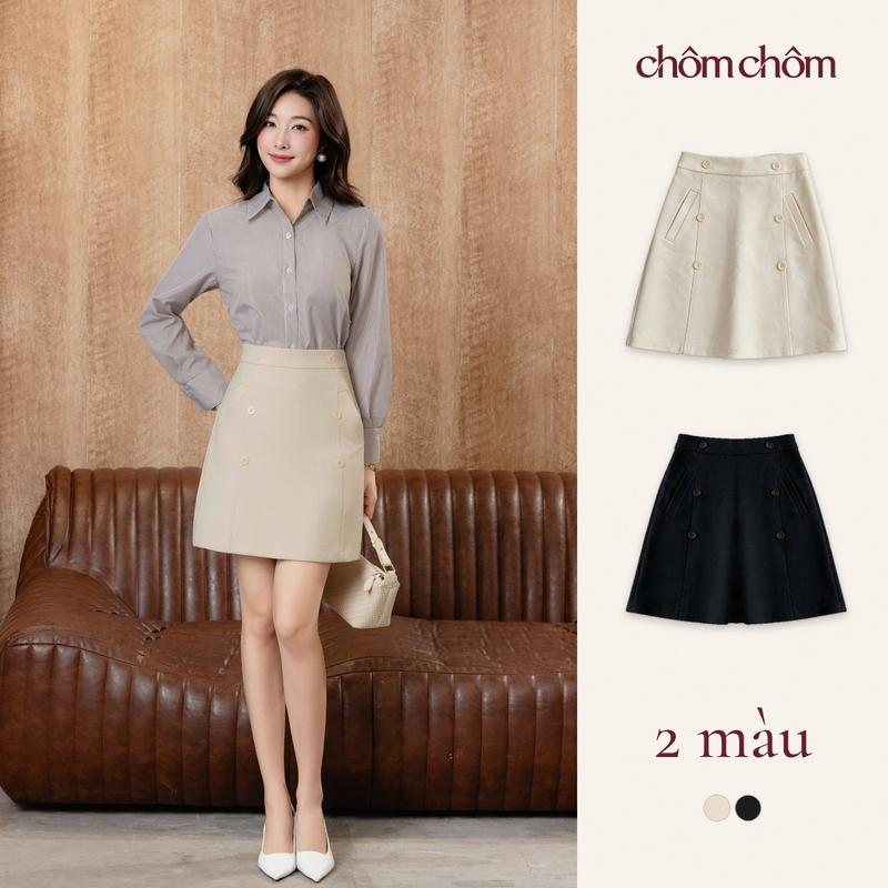 EMMA · Chân Váy Chữ A Công Sở Cạp Cao 6 Khuy, Dài 47-49cm Trên Gối, Có Túi Hai Bên, Che Đùi, Đi Học Đi Làm, Đen · Kem, S-XL | CHÔM CHÔM