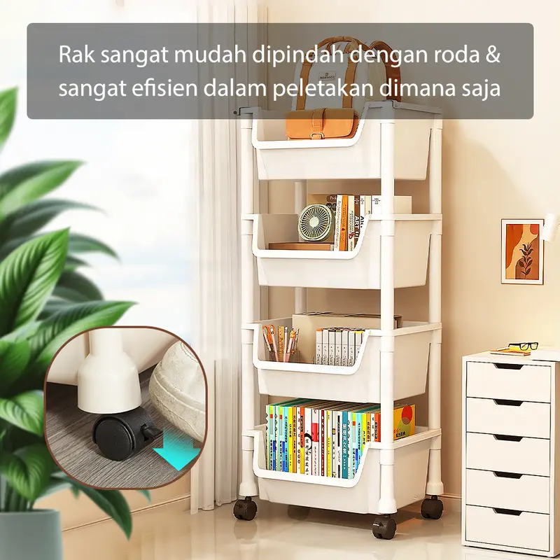 HUGO Rak Dapur Dorong Rak Buku Plastik Serbaguna Rak Troli Toilet Kamar Mandi Susun dengan Roda Penyimpanan 1