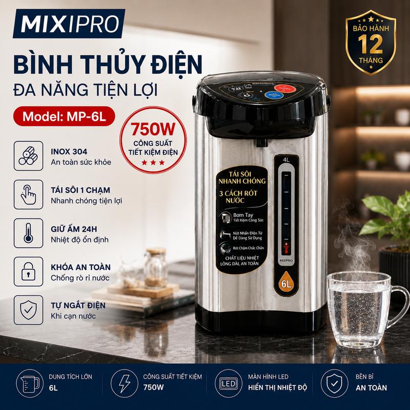 Bình Thủy Điện MIXIPRO 6L 750W Inox 304, Tái Đun Sôi 1 Chạm, 3 Cách Rót Nước, Giữ Nóng Tiện Lợi