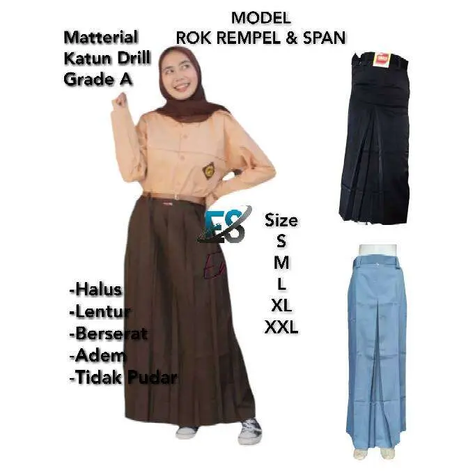 Rok Sekolah SMP/SMA/SMK Panjang Pramuka Span Coklat Wanita - Bahan Drill Mengkilap, Resleting Bagus Licin Kain Karet Hitam Kerja Formal Kantor Semi Basic 4