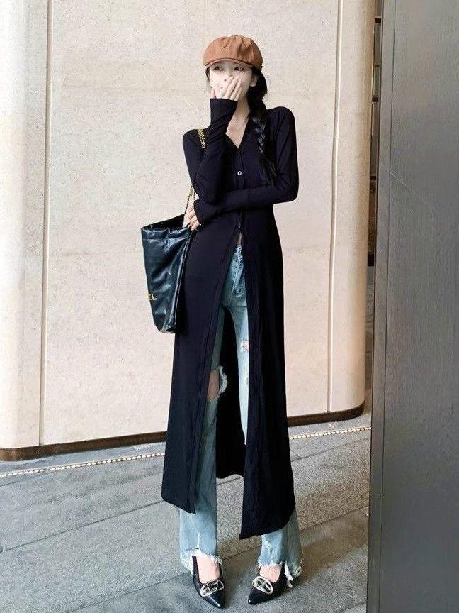Product Introduction of Women's Japanese cardigan, cold wind, Internet celebrity royal sister Fan, long ice silk cardigan, fashionable and versatile, lazy, sweet and cool, fried street, thin top tide Black Slim-fitting 17