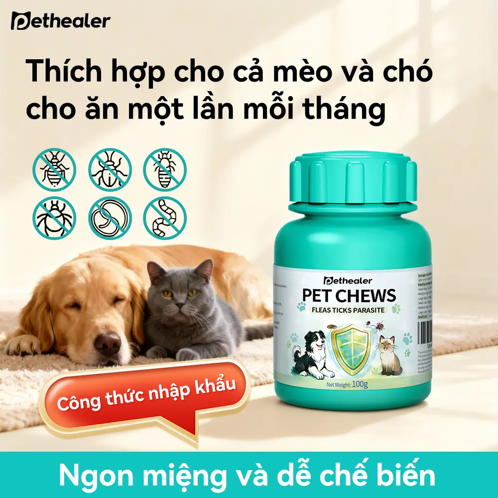 Pethealer Snack Tẩy Giun Cho Chó Mèo – Viên Nhai Thịt Gà Hỗ Trợ Diệt Ký Sinh Trùng, Bọ Chét Ve, Dễ Ăn 100g
